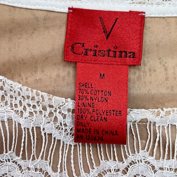 V. Christina - Nude with White Lace Overlay Round Neck Lace Sleeve Tunic M - Picture 6 of 9
